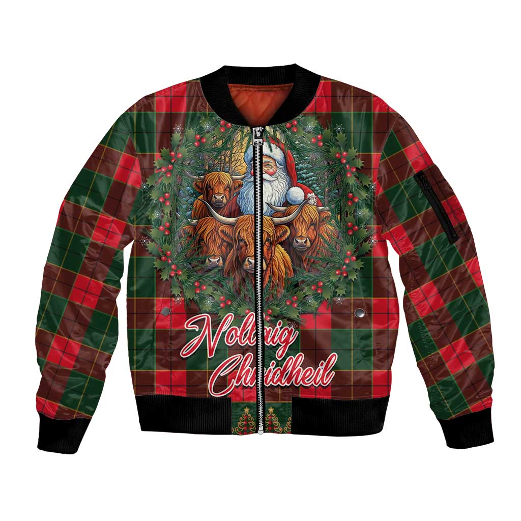 Santa and Higland Cows Scottish Christmas Sleeve Zip Bomber Jacket Tartan Pattern