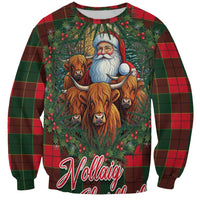 Unisex Christmas sweatshirt with plaid sleeves, Santa and Highland cows, holly graphic