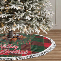 Red and green tartan tree skirt with Santa and cows print, white fringed border
