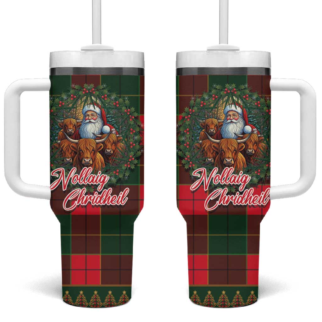 Santa and Higland Cows Scottish Christmas Tumbler With Handle Tartan Pattern