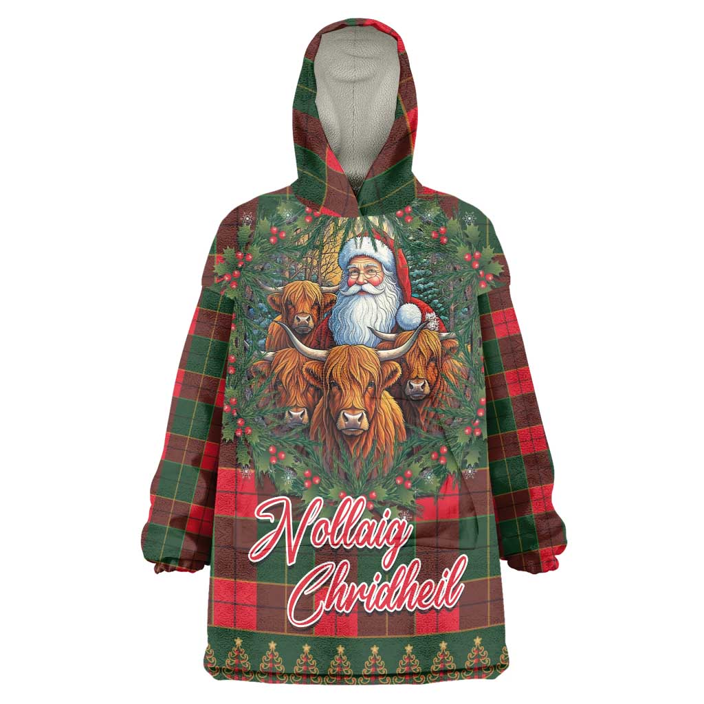 Santa and Higland Cows Scottish Christmas Wearable Blanket Hoodie Tartan Pattern