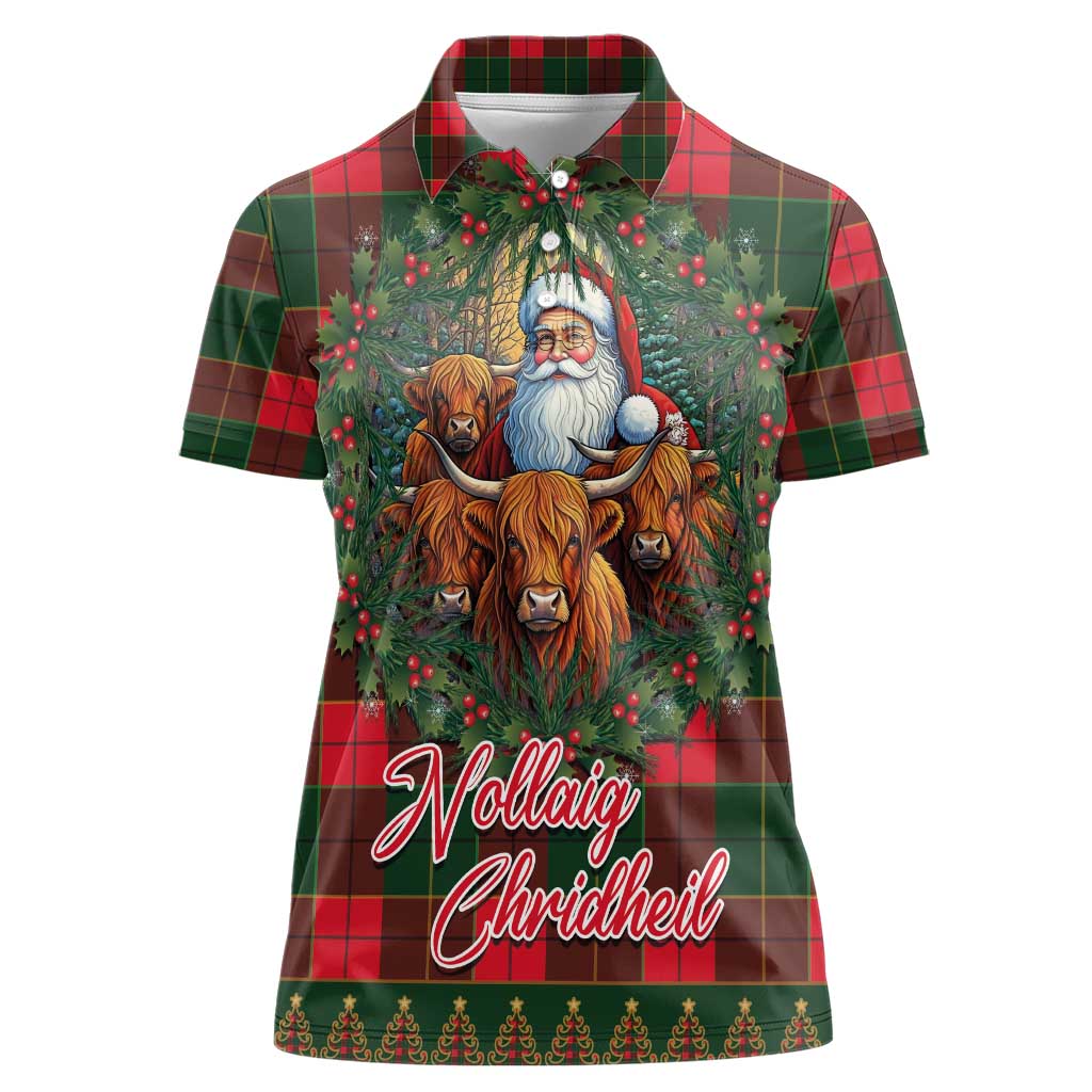 Santa and Higland Cows Scottish Christmas Women Polo Shirt Tartan Pattern