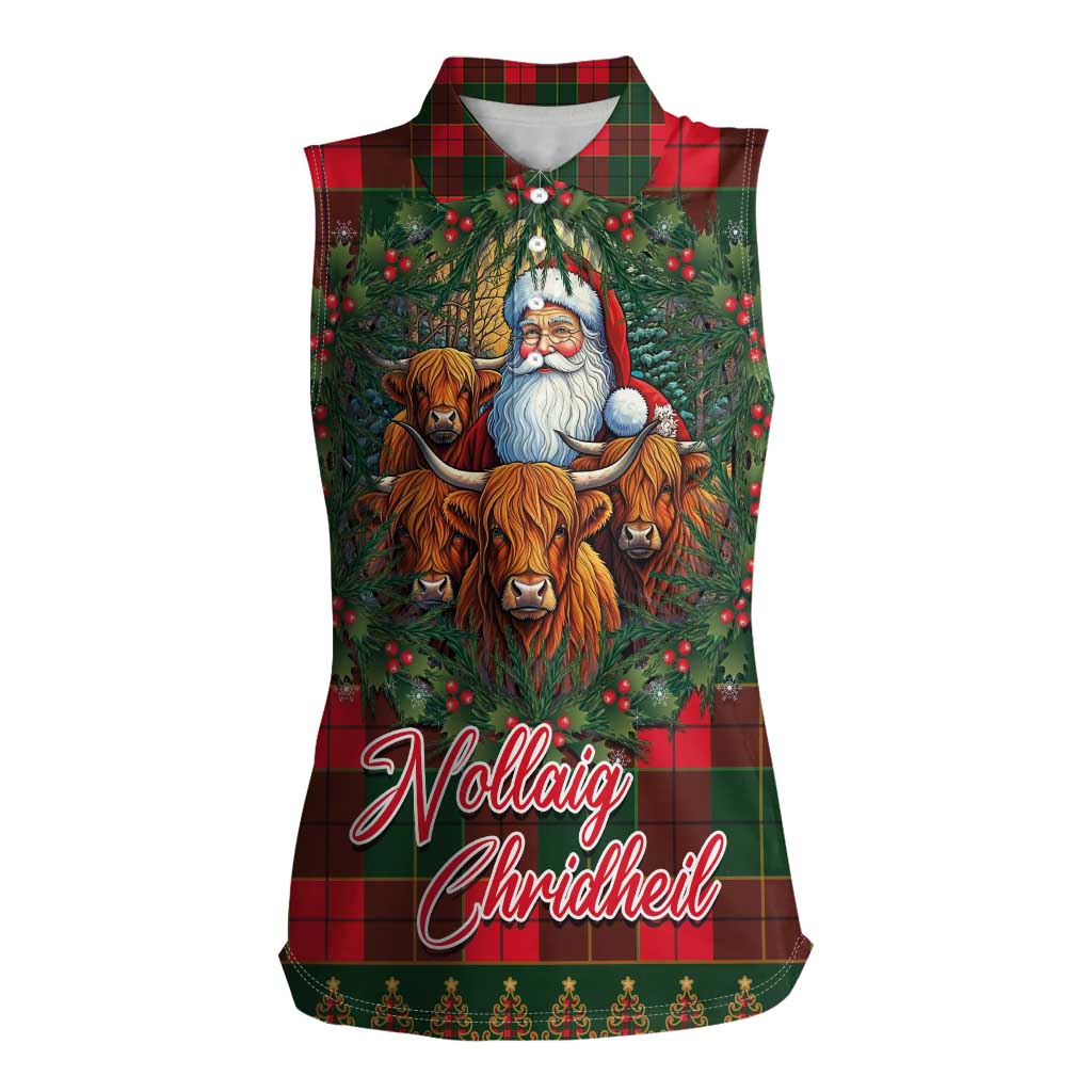 Santa and Higland Cows Scottish Christmas Women Sleeveless Polo Shirt Tartan Pattern