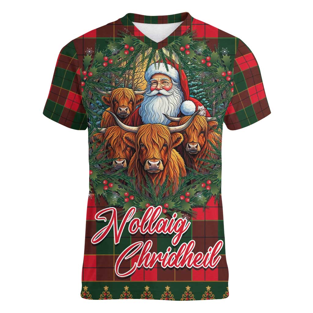 Santa and Higland Cows Scottish Christmas Women V-Neck T-Shirt Tartan Pattern