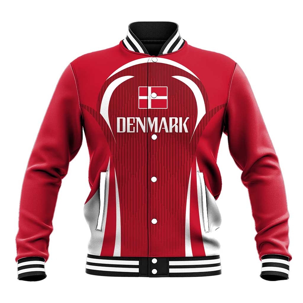 Red baseball jacket with striped rib collar, button front, Denmark logo graphic on chest