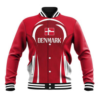 Red baseball jacket with striped rib collar, button front, Denmark logo graphic on chest