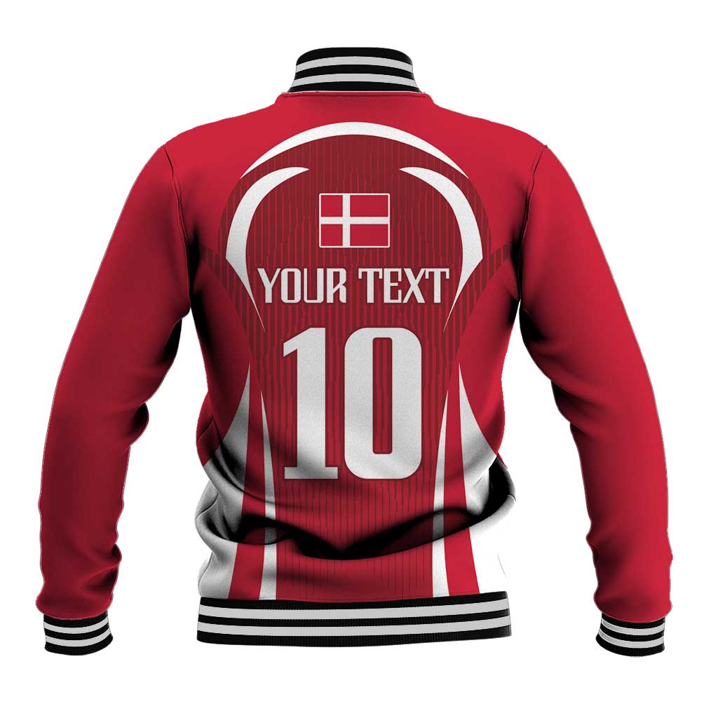 Red baseball jacket back with large circular graphic, number 10, striped rib cuffs and hem