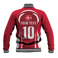 Red baseball jacket back with large circular graphic, number 10, striped rib cuffs and hem