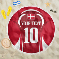 Red round beach blanket with fringed border, football jersey graphic and number 10