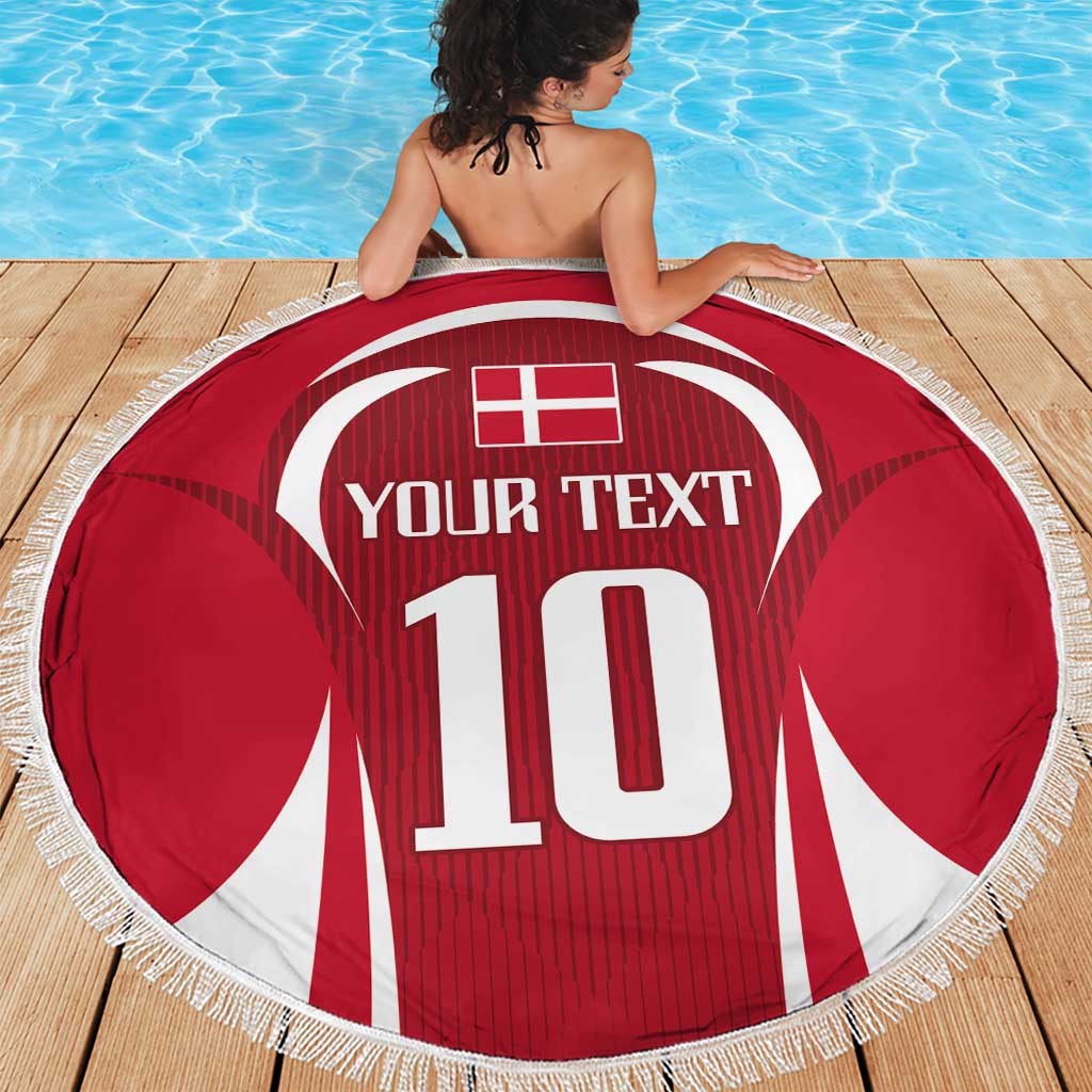 Red round beach blanket with fringed edge, football jersey design and large number 10