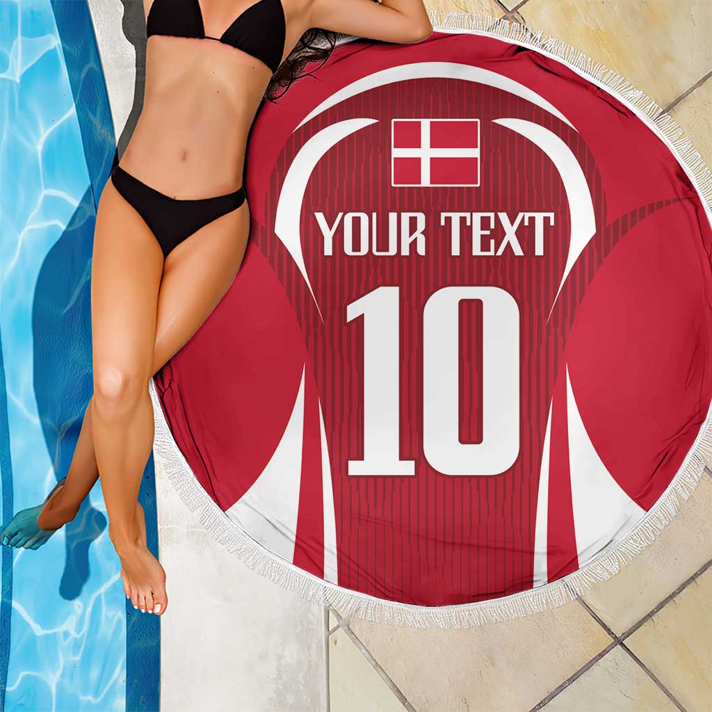 Red round beach blanket with fringed edge, football jersey design and number 10 by pool