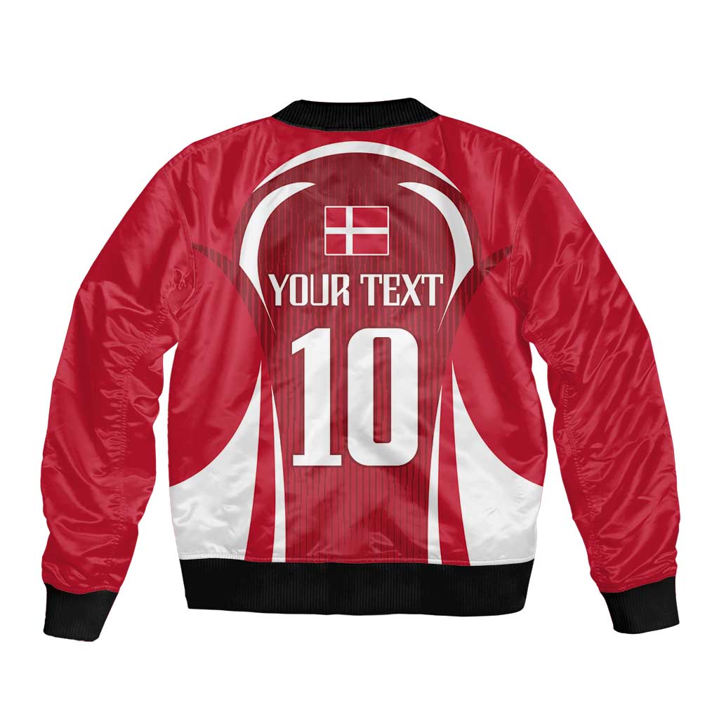 Red bomber jacket back with large Denmark flag graphic, full zip, number 10