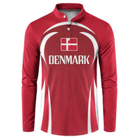 Red Denmark button football sweatshirt with long sleeves and white front crest graphic