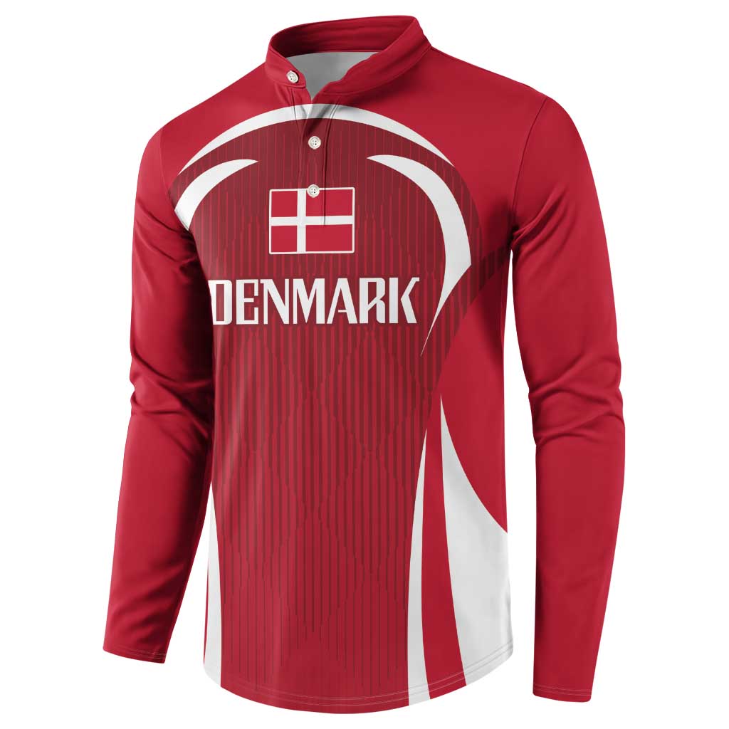 Red Denmark button football sweatshirt with long sleeves and white side stripe graphic