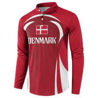 Red Denmark button football sweatshirt with long sleeves and white side stripe graphic