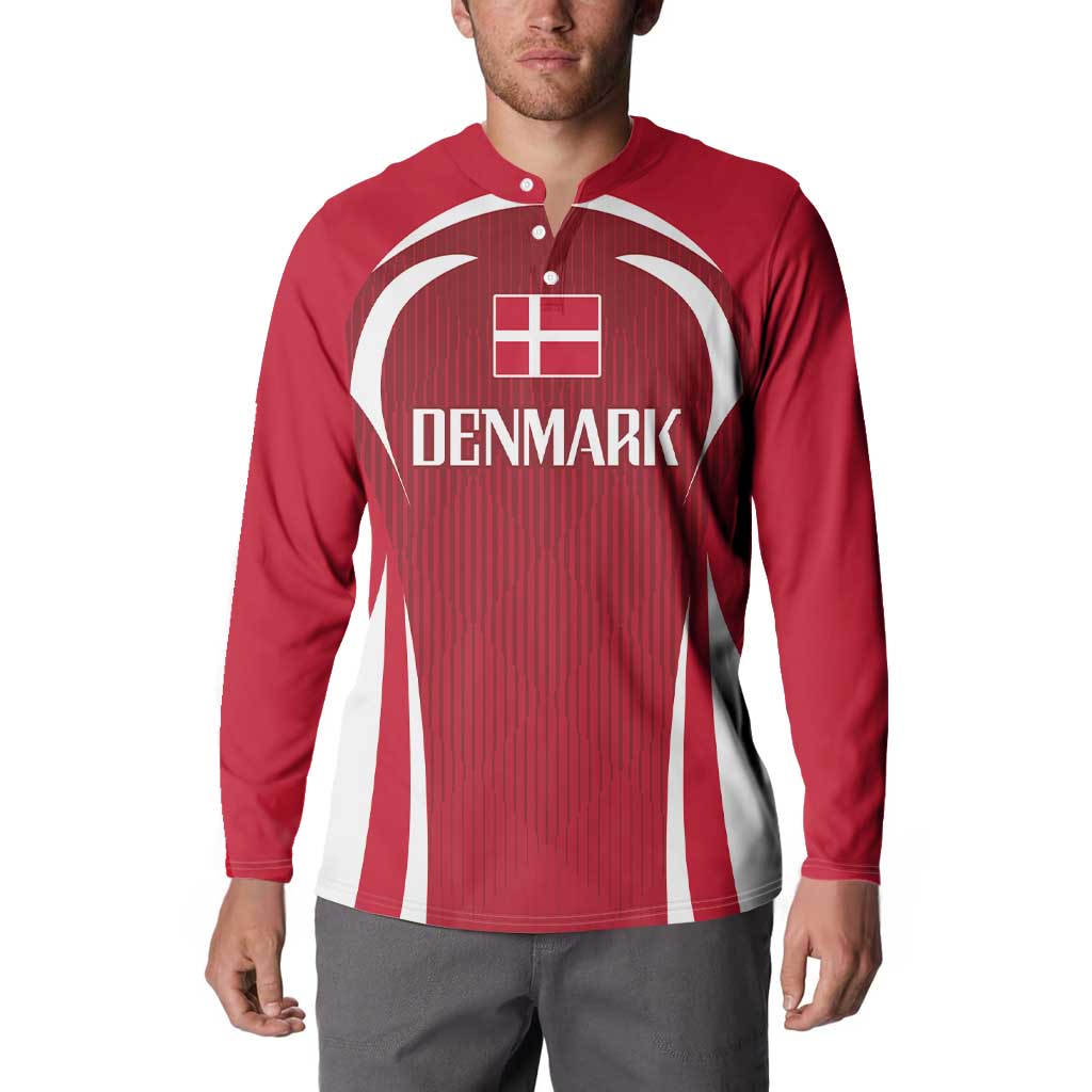 Red button football sweatshirt with long sleeves and white Denmark logo on the chest