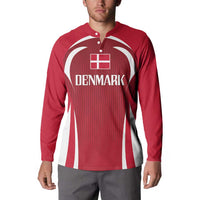 Red button football sweatshirt with long sleeves and white Denmark logo on the chest