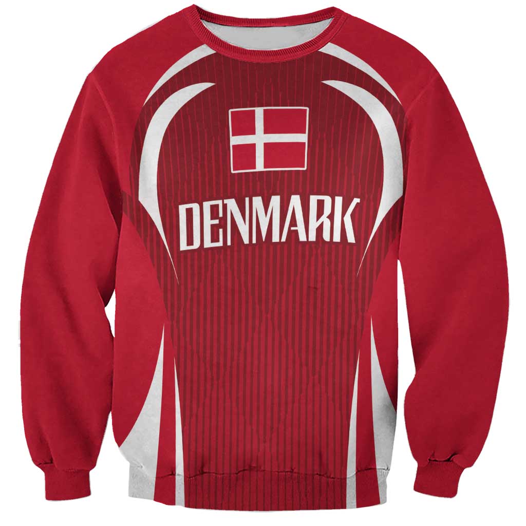 Red crewneck sweatshirt with bold Denmark front graphic and shield emblem