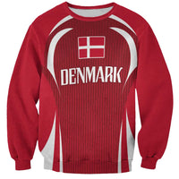 Red crewneck sweatshirt with bold Denmark front graphic and shield emblem
