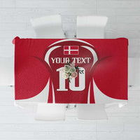 Red tablecloth with centered football jersey graphic and blank text panel