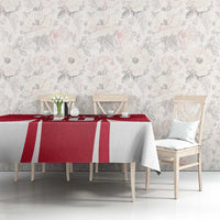 Red and white tablecloth with vertical stripe bands and football jersey graphic