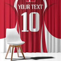 Close view of red curtain fabric with bold white '10' jersey-style print and 'YOUR TEXT'