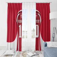 Red window curtains with centered white panel showing football jersey '10' and 'YOUR TEXT'
