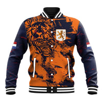 Orange and navy baseball jacket with button front, striped collar, lion graphic