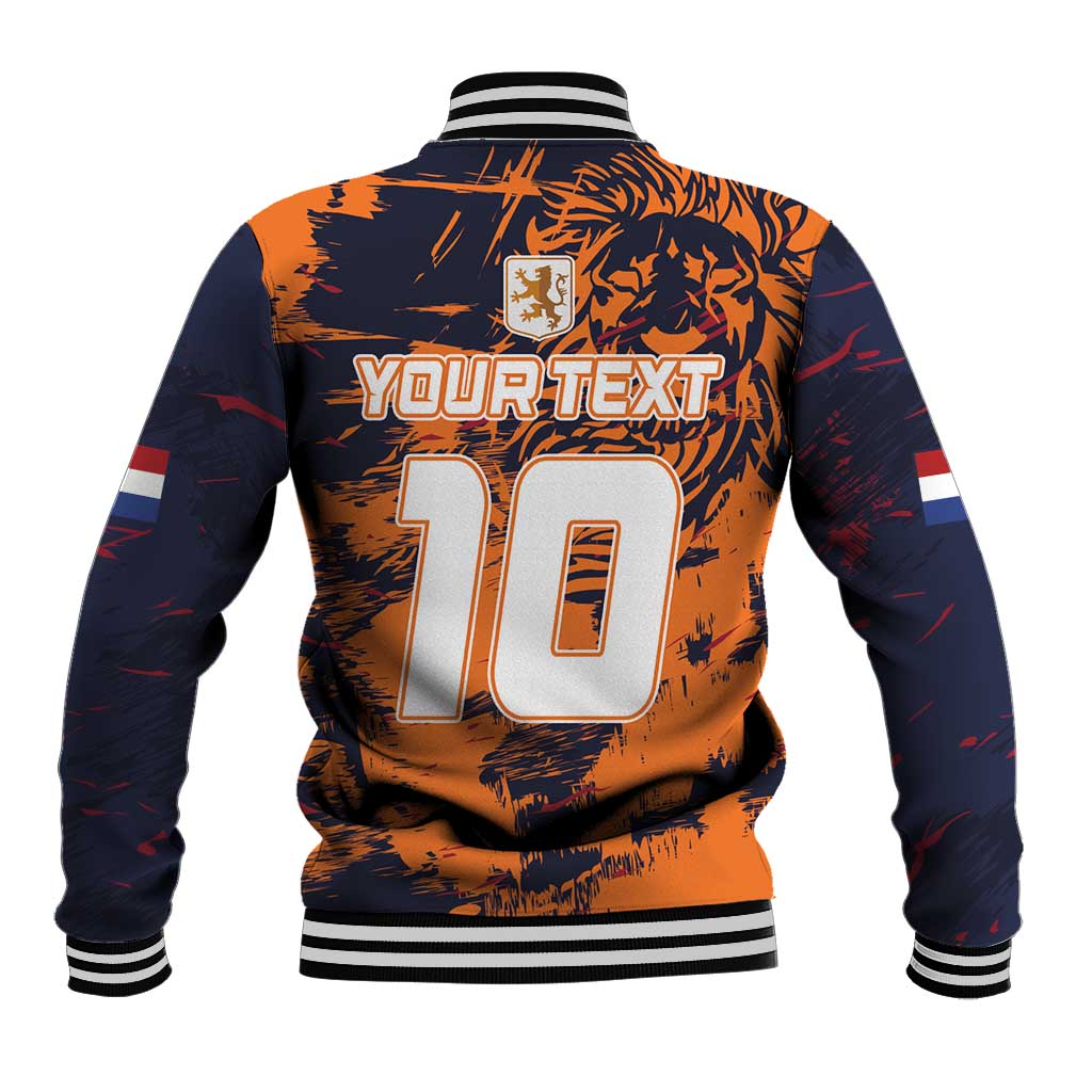 Orange and navy baseball jacket, back print with large 10, striped ribbed collar