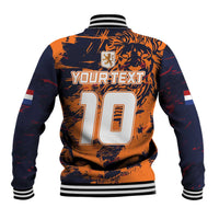 Orange and navy baseball jacket, back print with large 10, striped ribbed collar