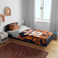 Orange tiger-print bedding set with “YOURTEXT” and large “10” on duvet and pillows