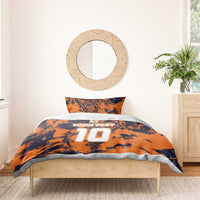 Orange tiger-print bedding set with duvet showing “YOURTEXT” and large “10”