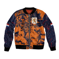 Unisex orange and navy bomber jacket with full-zip, ribbed cuffs, tiger graphic front