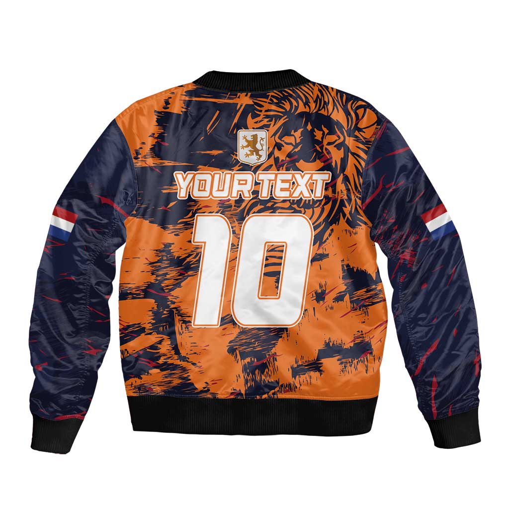 Unisex orange and navy bomber jacket back graphic with number 10, ribbed hem