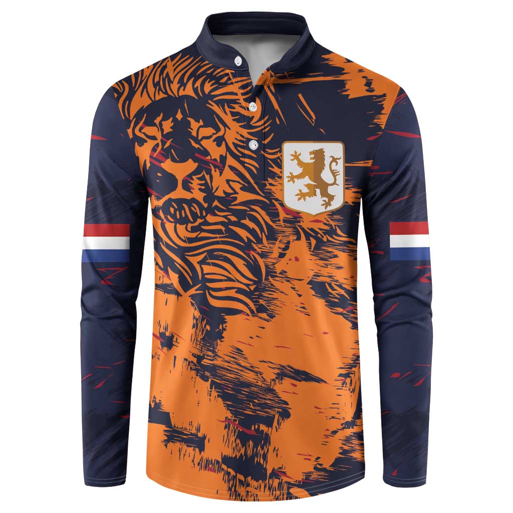 Orange and navy button-front football sweatshirt with shield crest and striped sleeves