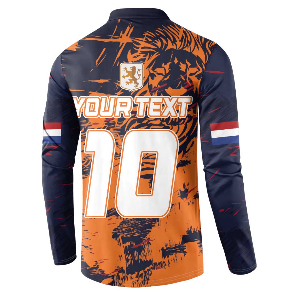 Orange and navy button-front sweatshirt with back print “YOUR TEXT” and number “10”