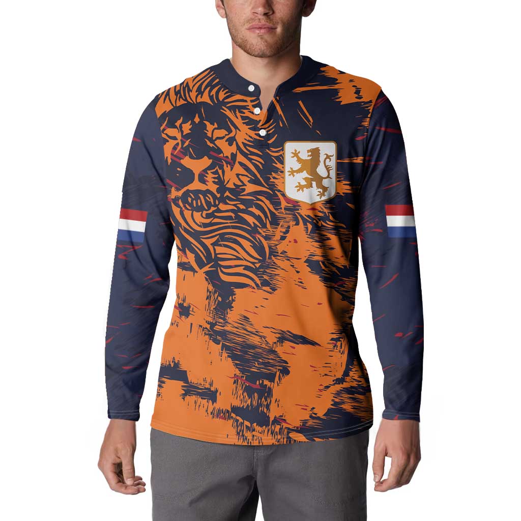 Orange and navy button-front football sweatshirt with lion graphic and shield on chest