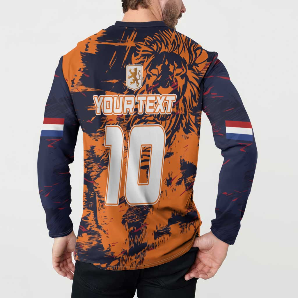 Orange and navy button-front sweatshirt with back “YOUR TEXT” and number “10” print