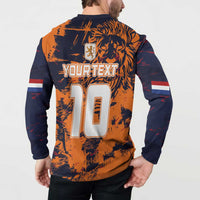 Orange and navy button-front sweatshirt with back “YOUR TEXT” and number “10” print