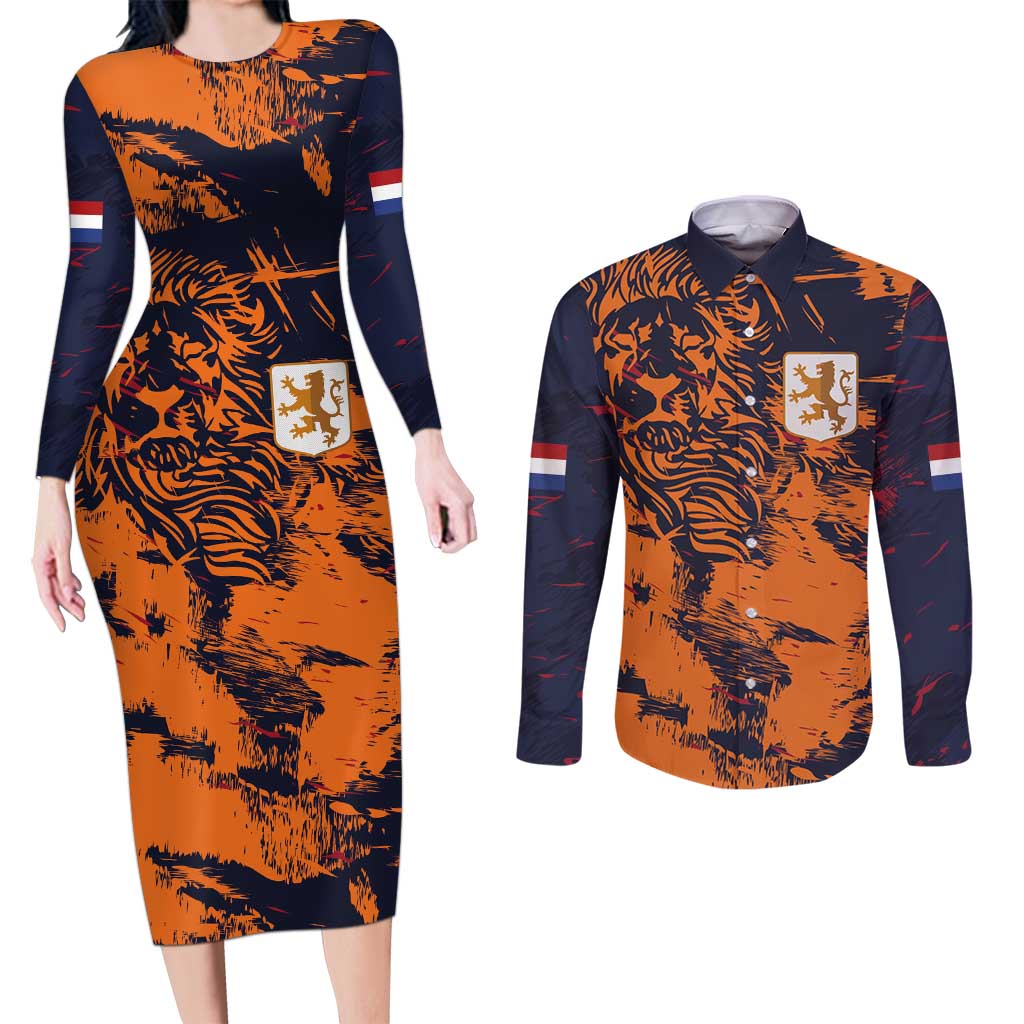 Netherlands Football 2024 Go Champion Couples Matching Long Sleeve Bodycon Dress and Long Sleeve Button Shirt - Wonder Print Shop