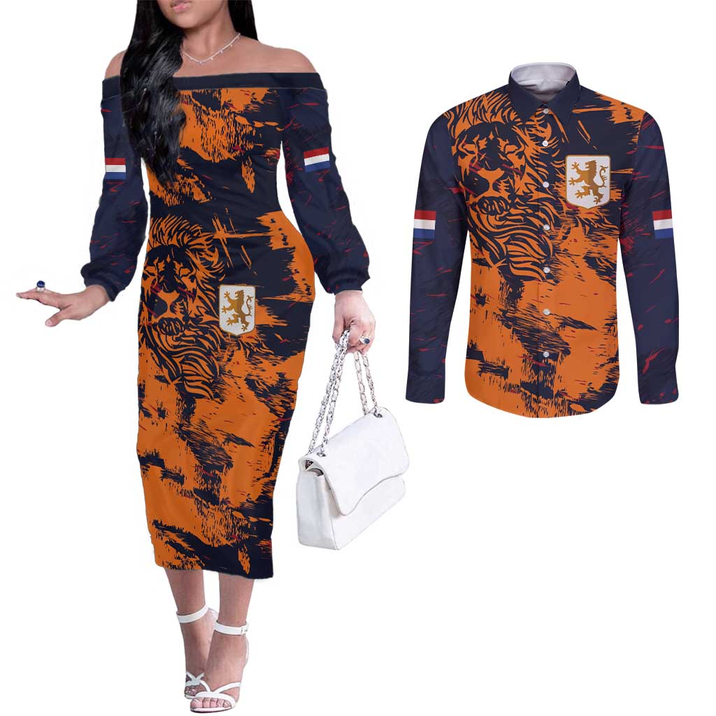 Netherlands Football 2024 Go Champion Couples Matching Off The Shoulder Long Sleeve Dress and Long Sleeve Button Shirt