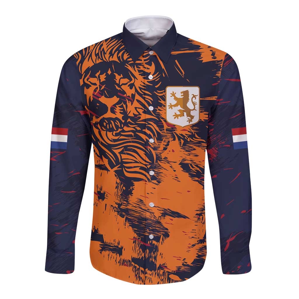 Orange and navy long-sleeve button shirt with front tiger graphic and crest badge
