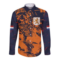 Orange and navy long-sleeve button shirt with front tiger graphic and crest badge