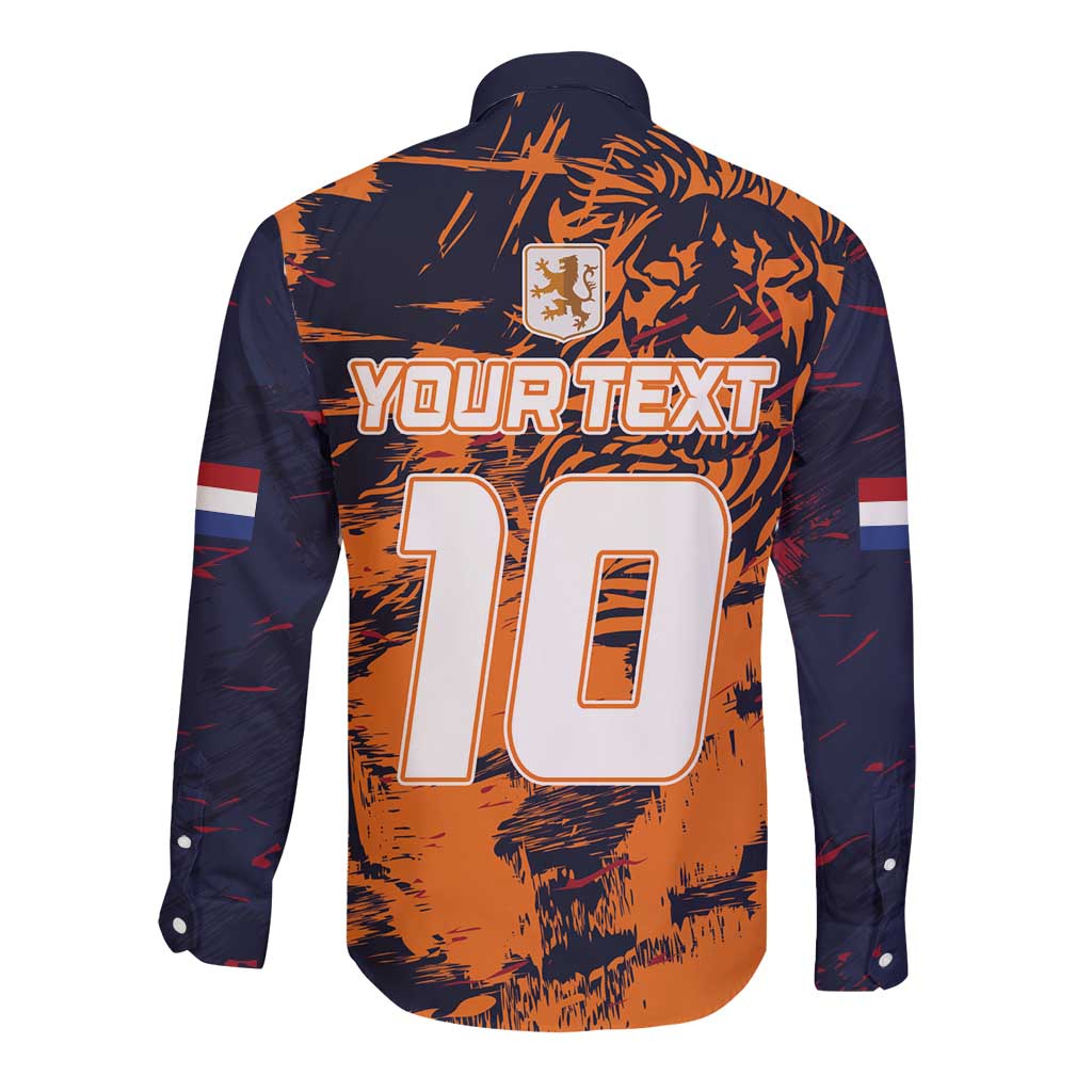 Orange and navy long-sleeve button shirt, back tiger graphic with YOURTEXT and 10