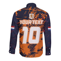 Orange and navy long-sleeve button shirt, back tiger graphic with YOURTEXT and 10
