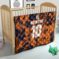 Orange quilt blanket with navy tiger print and large white number 10 front view