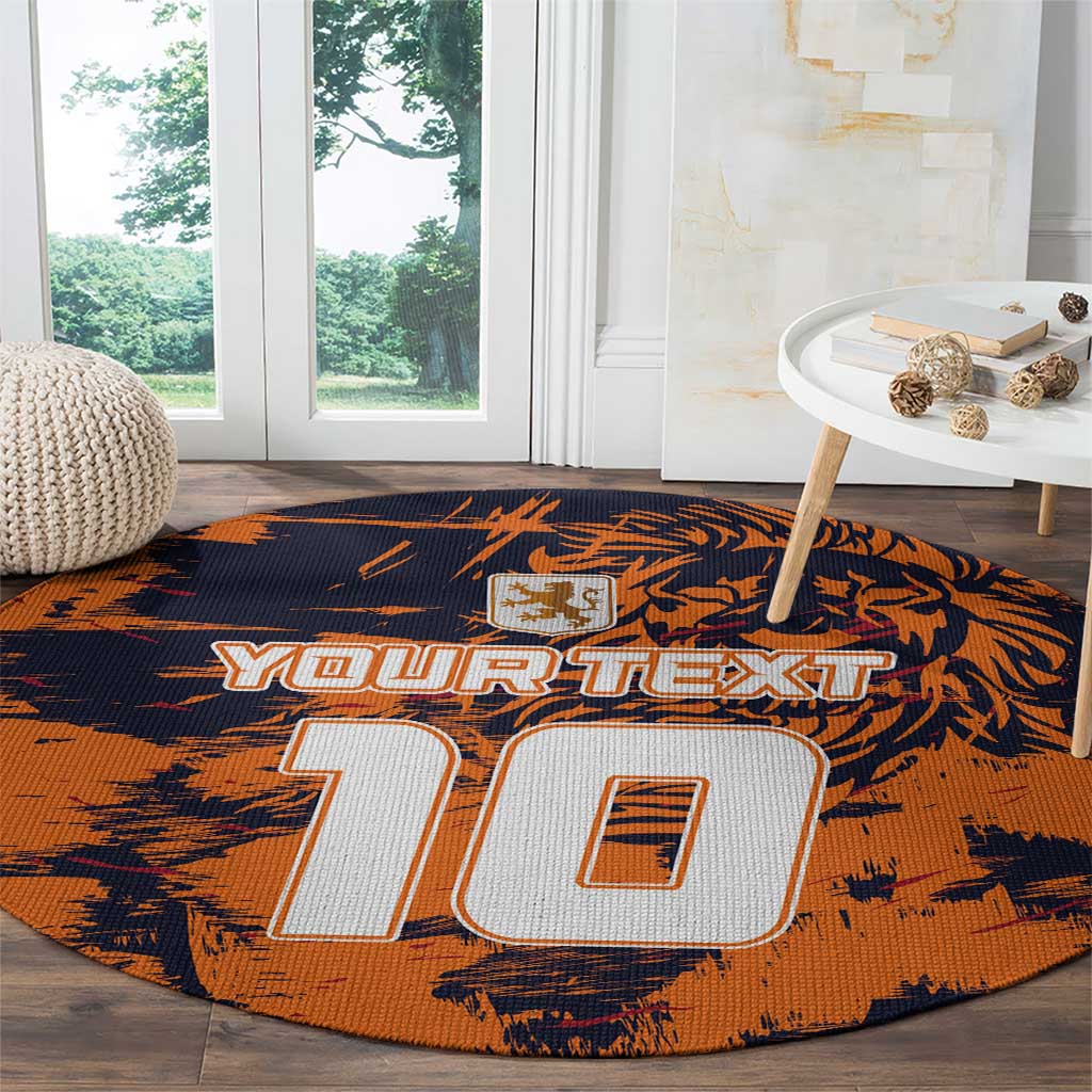 Orange round carpet with navy pattern and 'YOUR TEXT' above large '10' number
