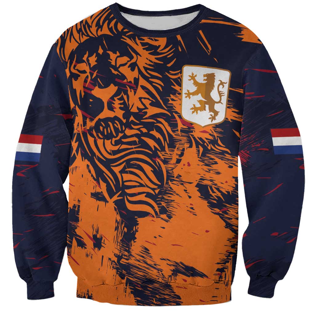 Unisex crewneck sweatshirt in orange and dark navy with lion pattern and crest patch