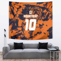 Orange sports tapestry wall hanging with lion crest and large jersey number 10 design