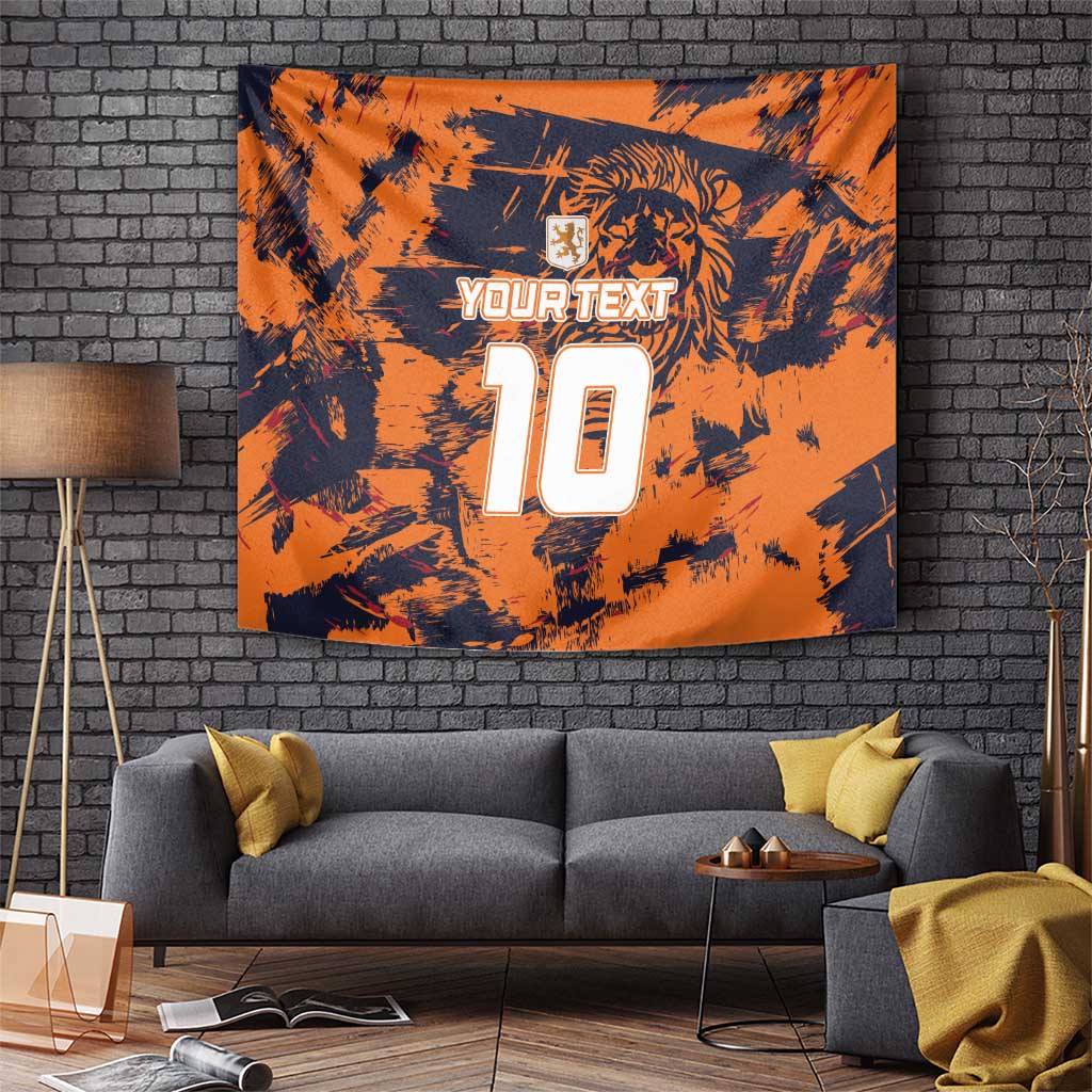 Orange tapestry wall hanging with lion emblem, YOURTEXT, and jersey number 10 design